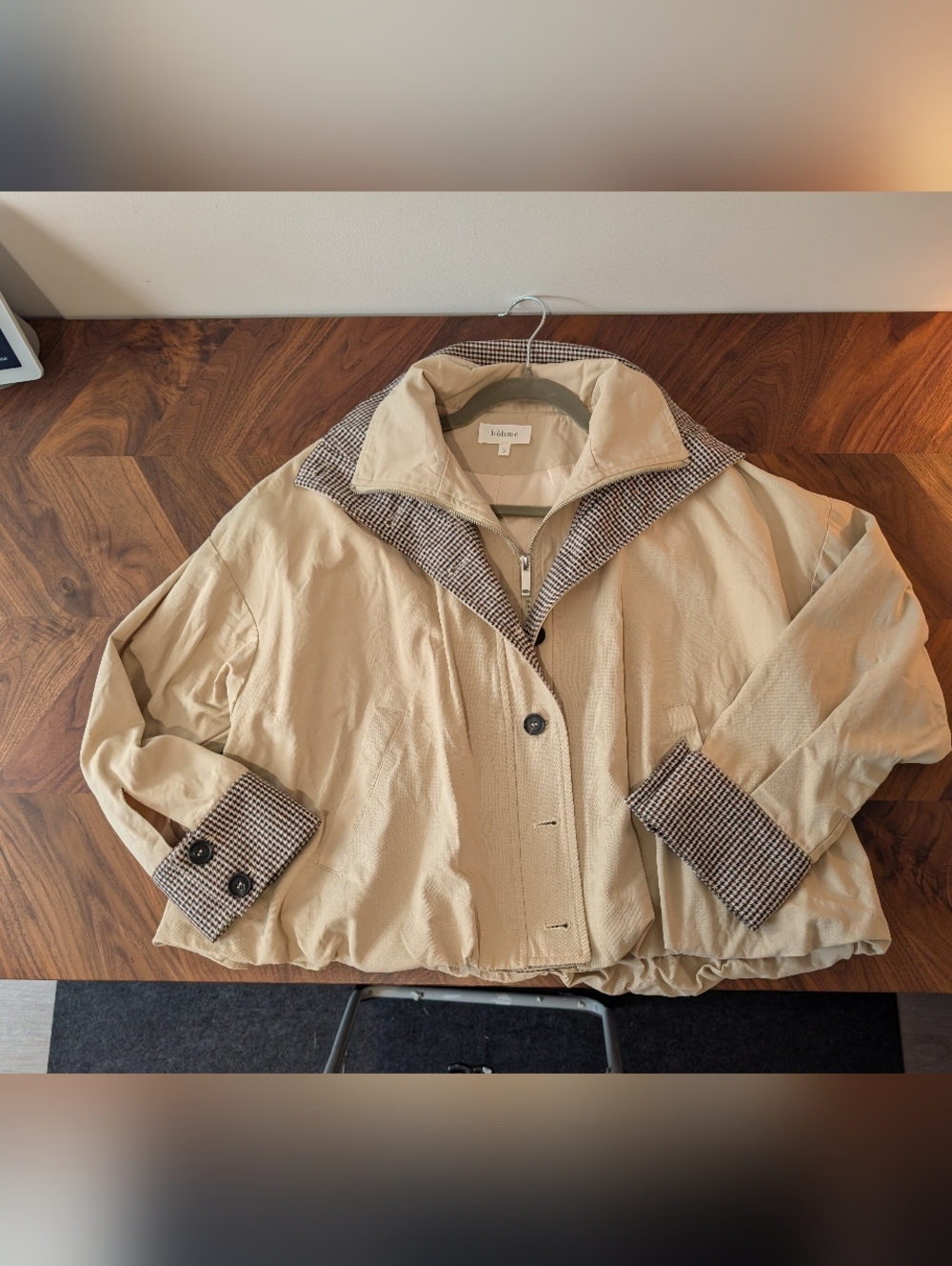 Bohme Cropped Oversized Trench Jacket with Houndstooth Trim